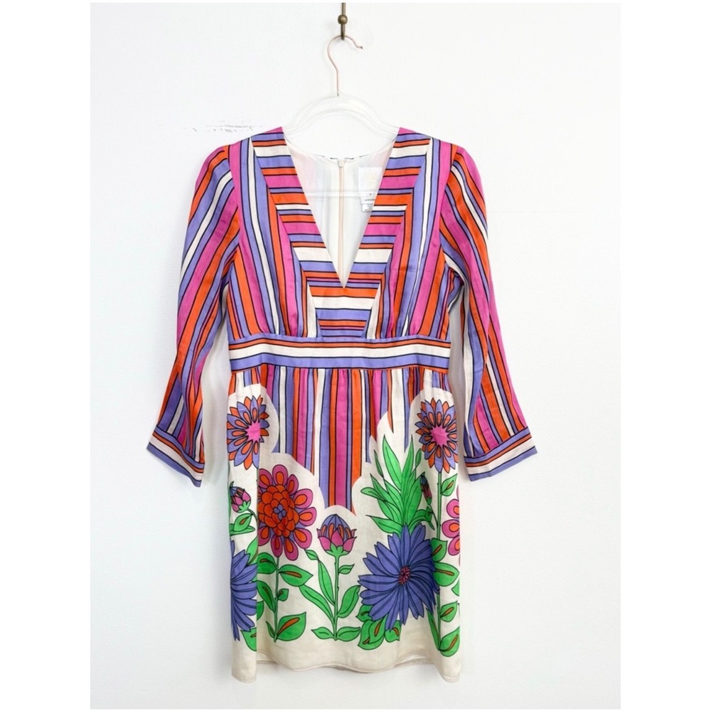 Anna Sui Dazzling Dahlia Stripe Dress Azalea Silk Linen Size 6